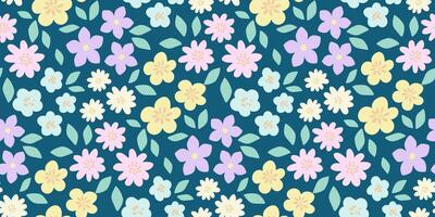 Seamless pattern with vivid blooming spring flowers on dark background. Spring summer pastels background vector