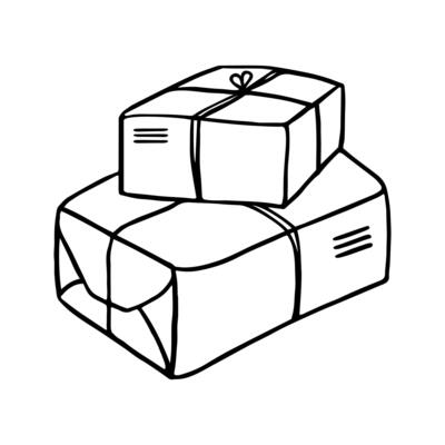 Set of banderoles tied with ribbon. Postal parcels sketch. Hand drawn doodle delivery boxes. Post package icon