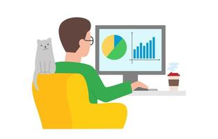 Business analyst, trader or financier concept. Person works on computer showing charts. Flat vector illustration