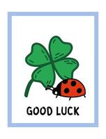 Good Luck Postcard Template with ladybug and four leaf clover. Talismans and amulets for luck doodle illustration vector