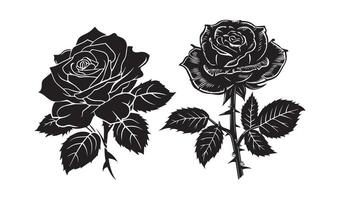 Set of two vector black silhouettes of rose flowers tattoo isolated on white background