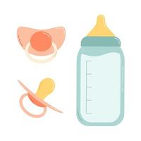 Baby milk bottle and pacifier. Flat vector illustration isolated on white