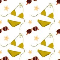 Summer seamless pattern with bikini and sunglasses. Vector illustration