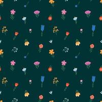 Spring wildflowers seamless pattern with hand drawn cartoon floral elements on dark green background for wallpaper, prints, wrapping paper, backgrounds, etc. EPS 10 vector