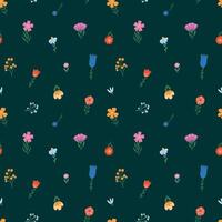 Spring wildflowers seamless pattern with hand drawn cartoon floral elements on dark green background for wallpaper, prints, wrapping paper, backgrounds, etc. EPS 10 vector