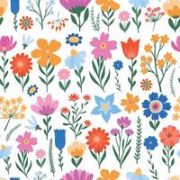 Spring floral all over seamless pattern with hand drawn wildflowers and branches for textile prints, wrapping paper, scrapbooking, wallpaper, stationary. EPS 10 vector