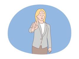 Woman says no and makes stop gesture. Hand drawn style vector design illustrations