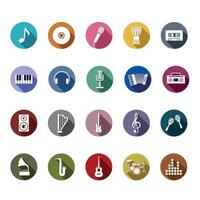 Set of Music icons with long shadow flat vector isolated on white background. Element for music concept. Symbol for web