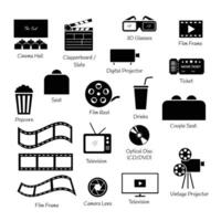 Set of cinema elements vector flat silhouette icon isolated on white background. Simply symbols for cinema, film industry concept.