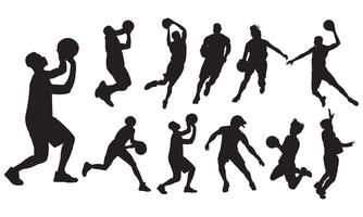 set of silhouettes of basketball players. The player throws the ball while jumping vector