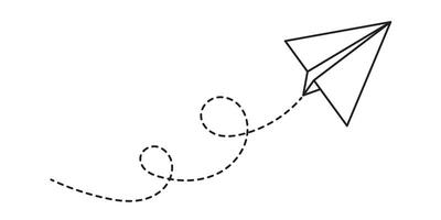 Paper plane with dotted line travel and route symbol in line style, Origami paper airplane, Black linear paper plane icon. vector