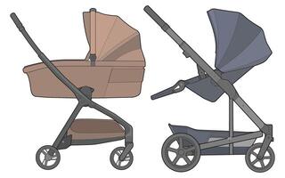 Bundling set of vector of baby stroller isolated on white background. Vector illustration of a sketch style.