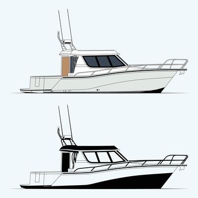 Boat vector in two styles one color and a luxury style illustration.