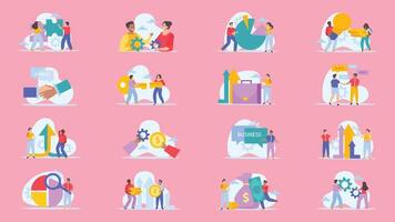 Business merger concept flat icons. Concept flat set of compositions with people and conceptual icons connected with dashed lines vector illustration