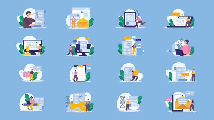 Scientific articles writing flat icons. Set of scientific articles writing flat icons with doodle characters thought bubbles papers and gadgets vector illustration