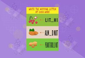 Fill letter of each word worksheet for for kids. Free Vector