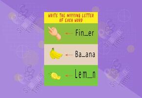 Fill letter of each word worksheet for for kids. Free Vector