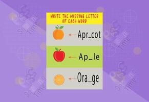 Fill letter of each word worksheet for for kids. Free Vector