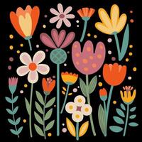 Bright Multi Colored Flowers in the Style of Naive Art on a Black Background. May used for Fashion, T Shirts, Covers, Posters and other vector