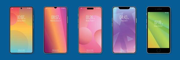 Set of realistic smartphone mockups. Cellphone frame with colorful abstract background screen isolated templates. Vector mobile device mockups for presentation template.