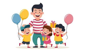 un hombre es participación globos y un regalo para un grupo de niños. padre y niños. vector