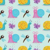 Seamless pattern with snails, dragonflies, and butterflies. Cute illustrations with snails, dragonflies, butterflies for children's postcards, wallpapers, packaging. vector