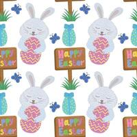 Seamless pattern with flowers, eggs and rabbits for Easter, vector illustration. Easter vector pattern with rabbit, butterfly, eggs.