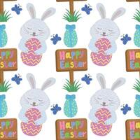 Seamless pattern with flowers, eggs and rabbits for Easter, vector illustration. Easter vector pattern with rabbit, butterfly, eggs.