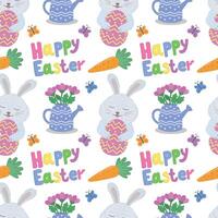Seamless pattern with flowers, eggs and rabbits for Easter, vector illustration. Easter vector pattern with rabbit, butterfly, eggs.
