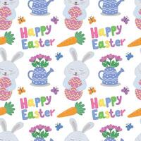 Seamless pattern with flowers, eggs and rabbits for Easter, vector illustration. Easter vector pattern with rabbit, butterfly, eggs.