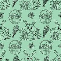 Seamless pattern with flowers, willow, basket with eggs and rabbits for Easter, vector illustration. Easter vector pattern with rabbit, butterfly, eggs, cake.