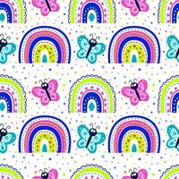 Seamless rainbow pattern with butterflies. Rainbow in the sky with butterflies and hearts. Design in bright colors for the children's room, textiles and fabrics vector
