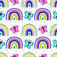 sin costura arco iris modelo con mariposas arco iris en el cielo con mariposas y corazones. diseño en brillante colores para el para niños habitación, textiles y telas vector