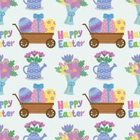 Seamless pattern with a cart with eggs, flowers, a bouquet of flowers, a watering can with flowers. Vector illustration for Easter.