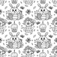 Seamless pattern with flowers, eggs and rabbits for Easter, vector illustration. Easter vector pattern with rabbit, butterfly, eggs, cake.