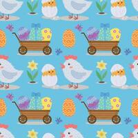 Seamless pattern with chicken, egg, flowers, egg cart, butterflies. Vector illustration for Easter.