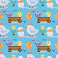 Seamless pattern with chicken, egg, flowers, egg cart, butterflies. Vector illustration for Easter.