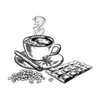 A cup of coffee with a chocolate bar with cinnamon and an anise star. The vector black and white illustration is hand-drawn on a white background. For printing, menus, postcards and packages.