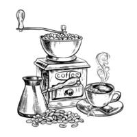 A cabinet with a coffee grinder, a coffee maker and a cup of coffee. Vector graphic black and white hand-drawn illustration. For printing, menus, postcards and packages. For banners, flyers and poster