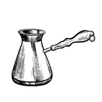 Coffee maker, Turkish coffee maker. Vector black and white graphic illustration, hand-drawn. For printing, menus, postcards and packages. For banners, flyers and posters.