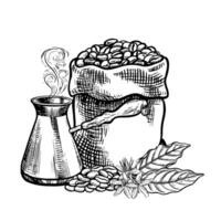 A canvas bag full of coffee beans, a coffee maker and a handful of coffee beans with leaves. Black and white vector illustration. For packaging and labels. For banners, flyers, menus and posters.