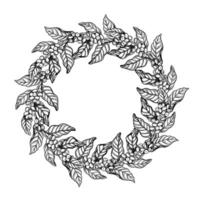 A wreath of coffee tree branches, black and white vector graphics, hand-drawn. On a white background. For banners, flyers and menus. For packaging, labels and postcards.