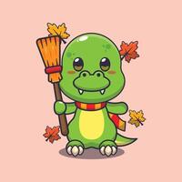 Cute autumn dino holding broom. vector