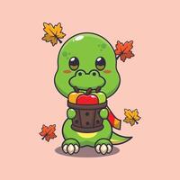 Cute dino holding a apple in wood bucket. vector