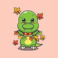 Cute dino with autumn leaf decoration. vector