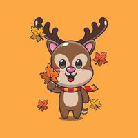 Cute deer holding autumn leaf. vector