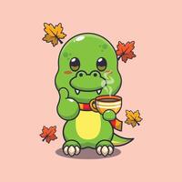 Cute dino with coffee in autumn season. vector