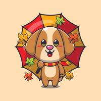 Cute dog with umbrella at autumn season. vector