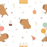 Birthday pattern with funny capybaras and cupcakes vector