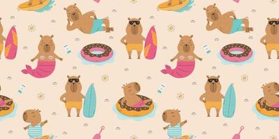 Funny summer capybaras seamless pattern vector